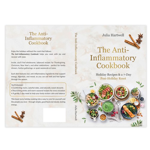 Elegant full-color cookbook cover for The Anti-Inflammatory Cookbook: Holiday Recipes & a 7-Day Post