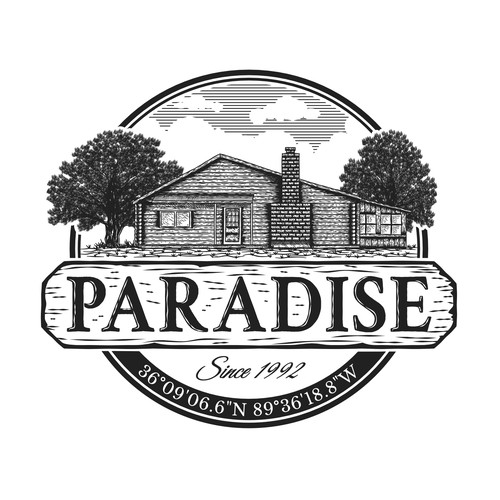 Vintage rustic hand drawn emblem logo for Paradise Hunting Lodge and Social Club