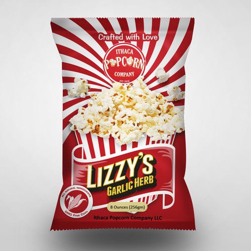 Popcorn packaging for Lizzy's - Garlic Herb flavour