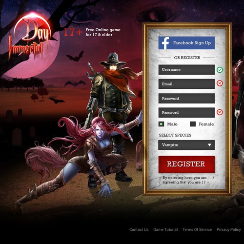 Create a high conversion landing page for a Vampire-based Online Game