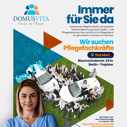 Plakat und Slogan Mitarbeitersuche Pflegefachkraft Pflegedienst