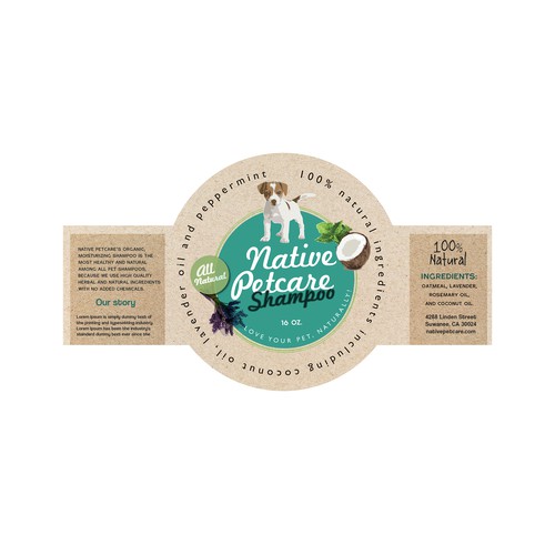 Create a clean, label for Native Petcare, an all-natural dog shampoo!