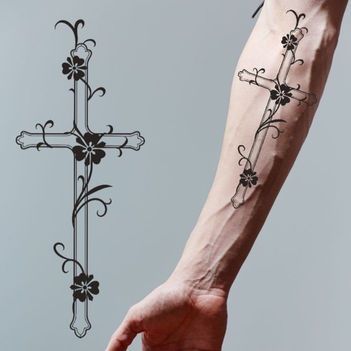 Cross tattoo with plants for forearm