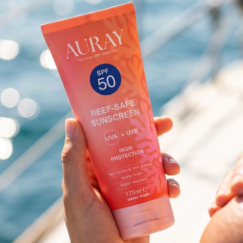 Auray SPF 50 Sunscreen Tube Design, Reef-Safe Skincare Packaging