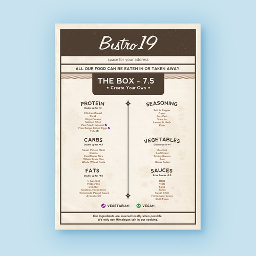 Design the Menu for a Bistro serving health conscious food