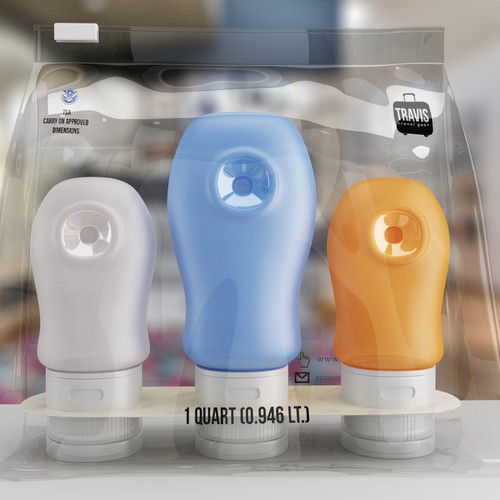 High quality 3D renders for products: travel bottles inside a plastic bag.