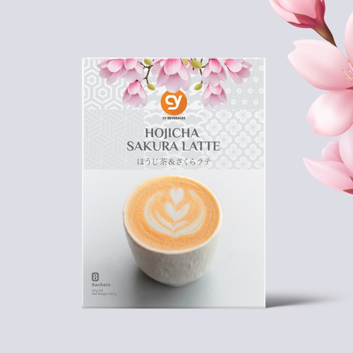 Design a premium Japanese Roasted Matcha hojicha sakura latte
