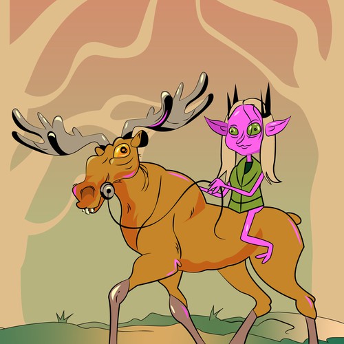 Psychedelic ugly illustration of an elf with a moose.