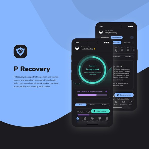 P Recovery - Stay Clean from Porn - Mobile App Design Concept - Dark Theme