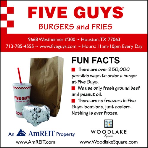 Create an ad for Five Guys Burgers and Fries