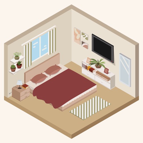 Detailed Isometric Drawing of a Bedroom