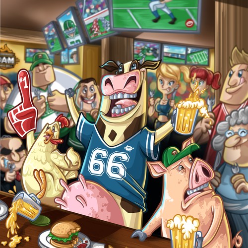 Funny Cartoon Illustration - Cow, Pig and Chicken in a Bar