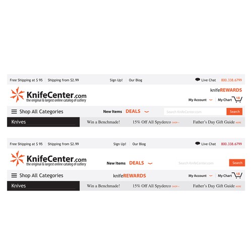 Design the header and top navigation for KnifeCenter.com