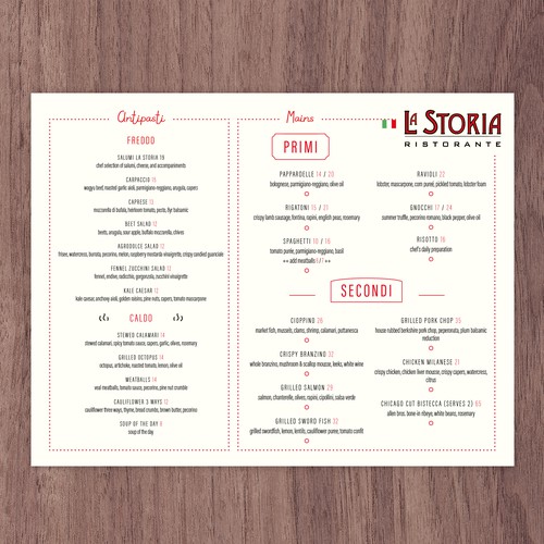 Dinner menu design for an Italian Restaurant