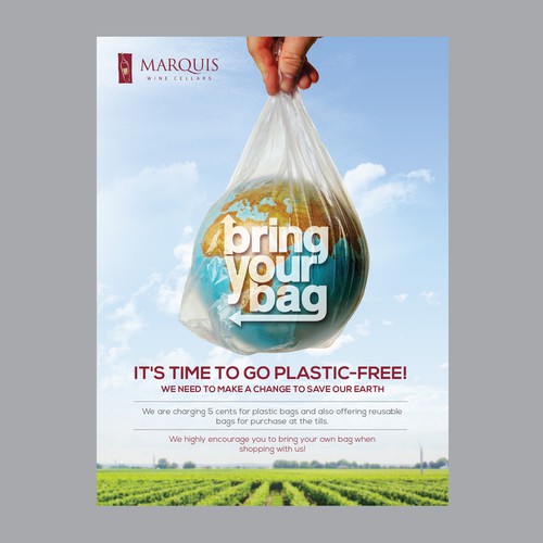 Poster calling customers attention for use of reusable bags 