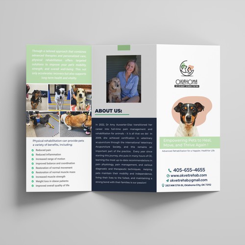 Tri-fold Brochure for a veterinary rehabilitation clinic.
