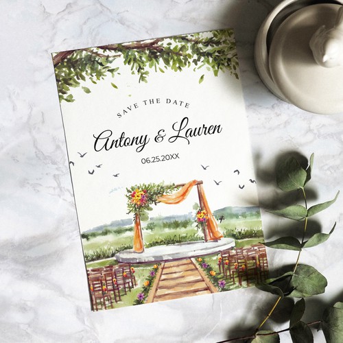 Wedding Invitation Card with Wedding Gate View Watercolor
