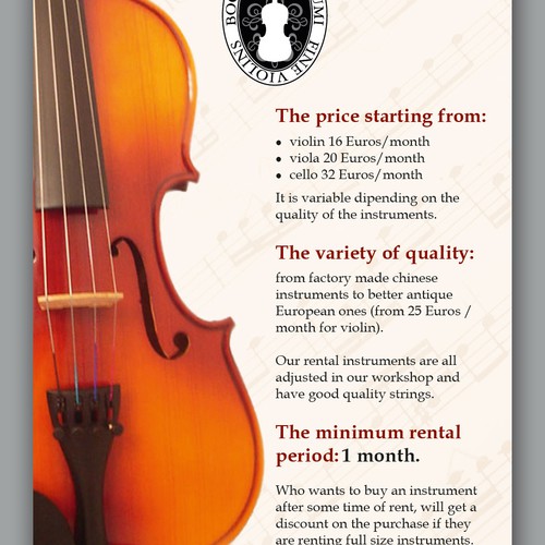 Violinmakers in the Hague need a flyer for rental instruments!