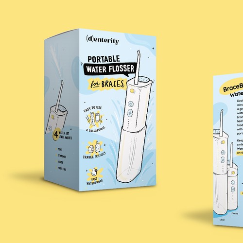 Illustrated packaging for a Portable Water Flosser