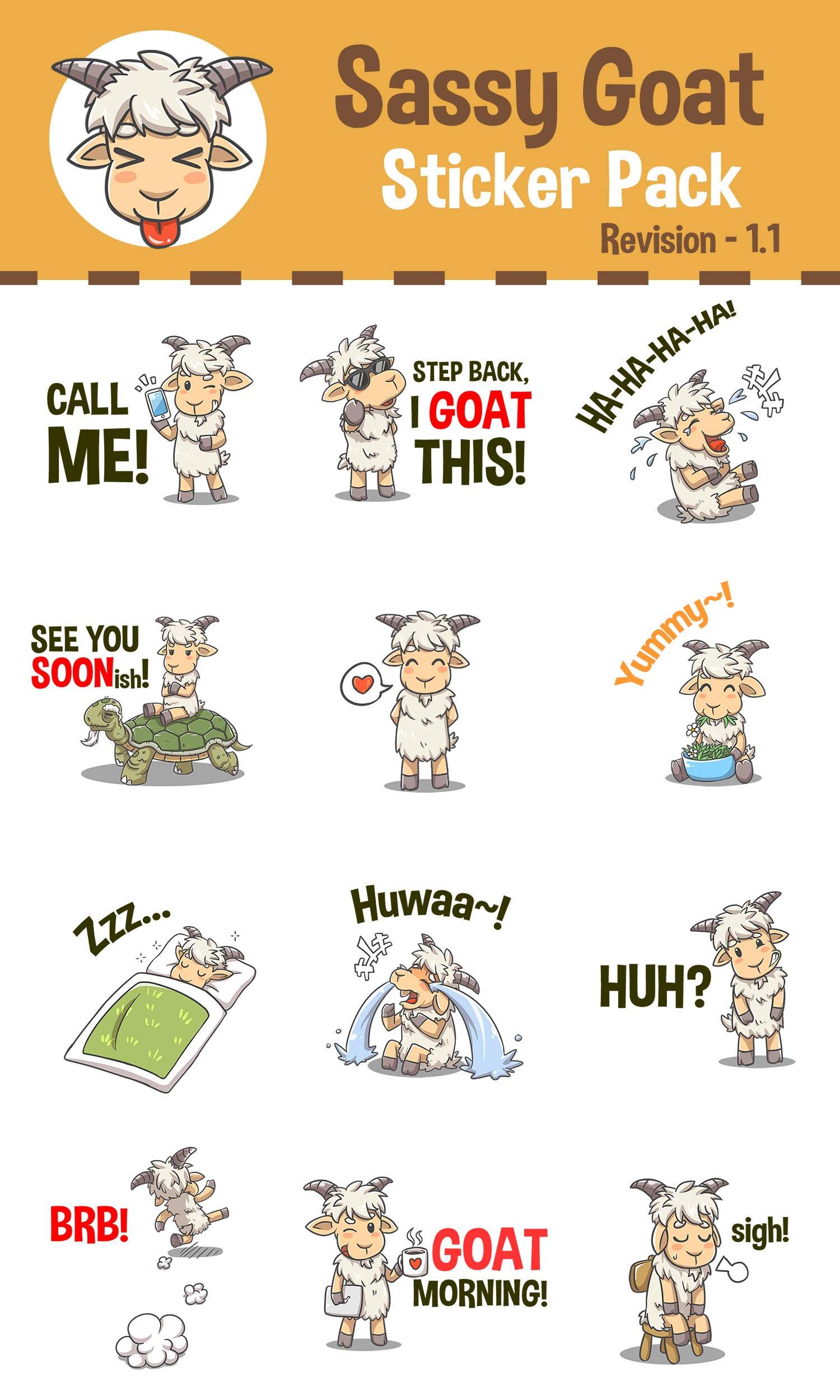 Cute/Funny/Sassy Goat Character(s) 12 Sticker Pack