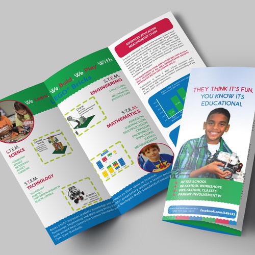 A colorful, sleek brochure for Bricks 4 Kidz® 