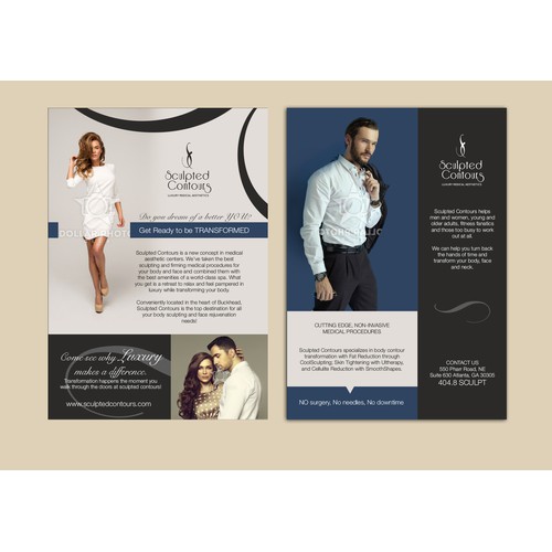 Create a marketing flyer designed for a medical body aesthetics center that targets affluent clients