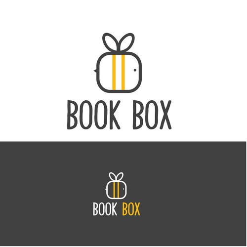 simple and smart logo for the Subscription book service for kids. Cute bee as a symbol of learning in  a shape of the box with bow
