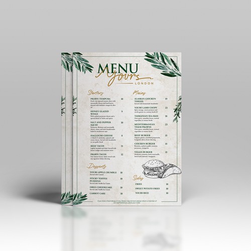 Restaurant Menu for Yours London Restaurant 