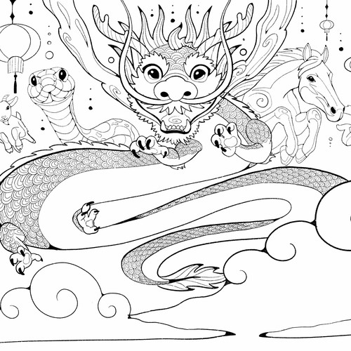  Detailed line art illustration on the theme of the Chinese New Year
