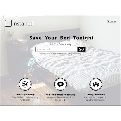 Landing page for simple, on-demand bed booking app