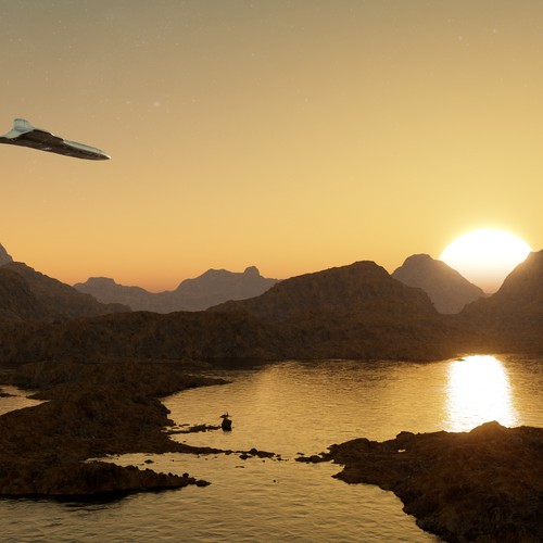 Sunset 3D Landscape with Spaceship and Lake in Houdini