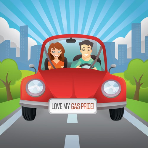 Create two illustrations depicting a couple driving in a car