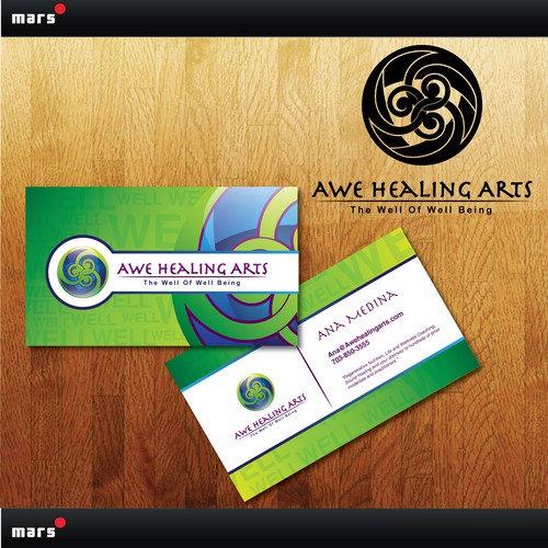 Bold logo and business card for AWE HEALING ARTS