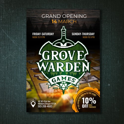 Grand Opening flyer for a Board Games Store.