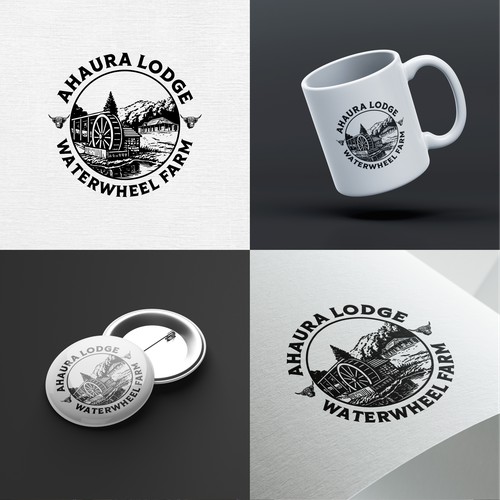 Ahaura Lodge & Waterwheel Farm – Hand-Drawn Emblem Logo
