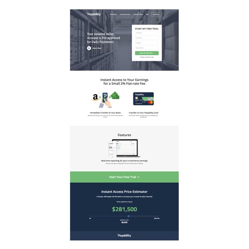 Landing page design for a payment service company