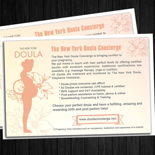 Create a capturing postcard for a Doula-concierge service in NYC