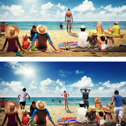 Beach scene of Dad Son and Shark