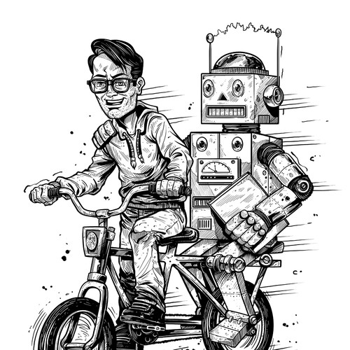 retro robot riding with man