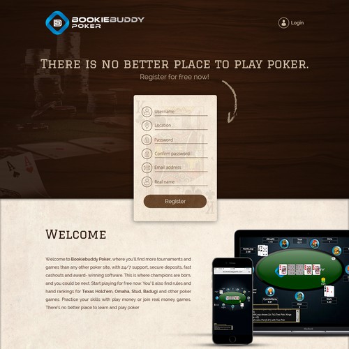 Landing page design for Bookiebuddy Poker