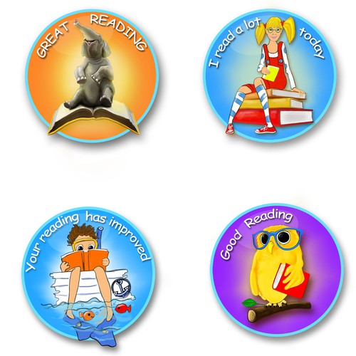 Illustrated reading themed images for children's stickers