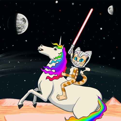 Cat riding unicorn with laser sword.