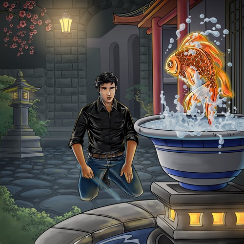 Illustration with garden/koi fish and wizard