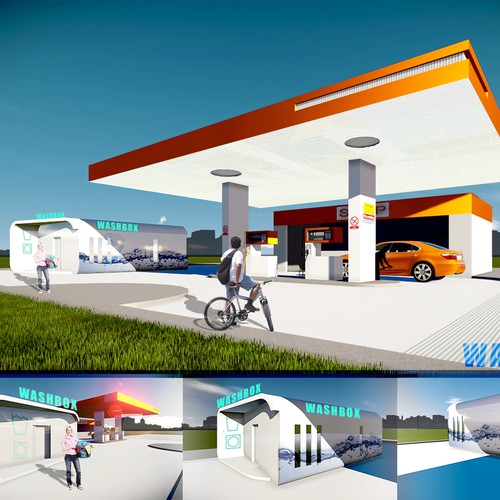 Create a fresh, eye-catching illustration of a laundromat add-on to a Petrol Filling Station