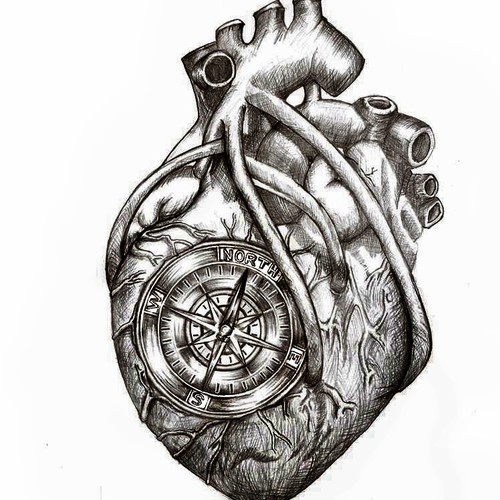 Greyscale Drawing of Da Vinci Anatomical Heart w/ Nautical Compass for Tattoo
