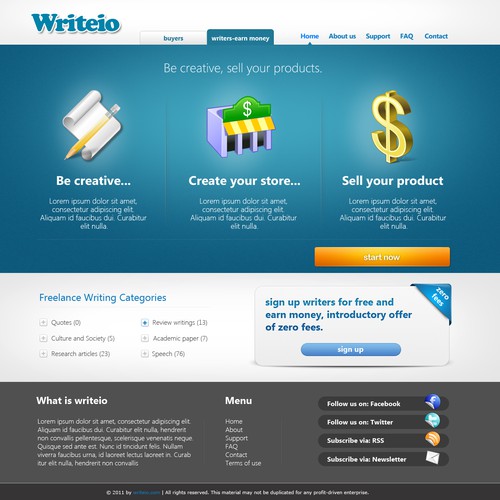 Home page for writeio - a new marketplace for writers