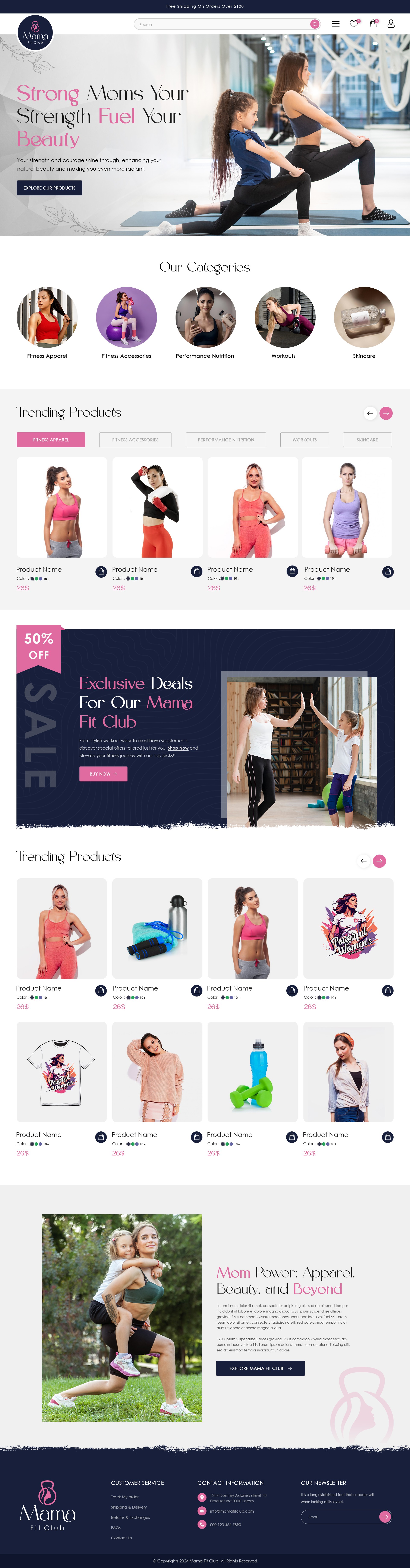 Home page design for a women's fitness brand