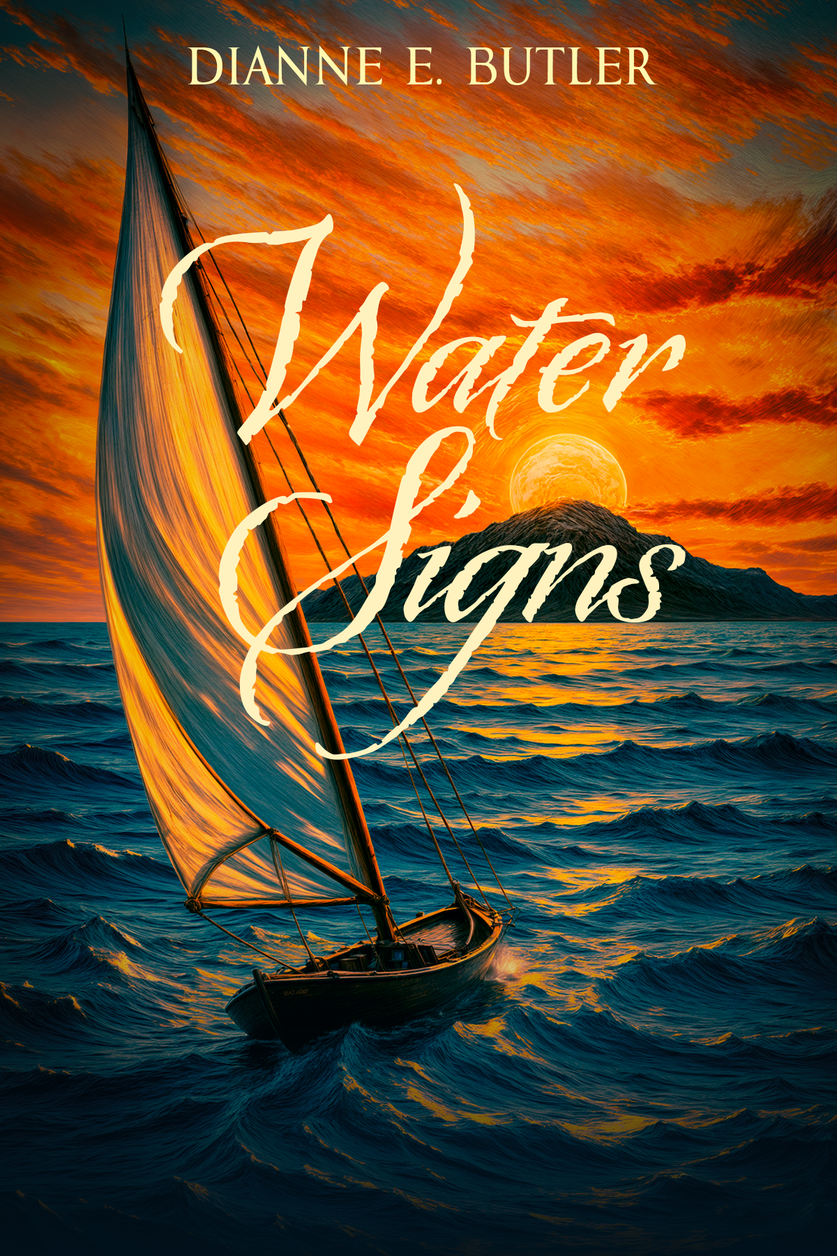 Design a cover for a fictional story of a growth of a woman through her life adventures on water