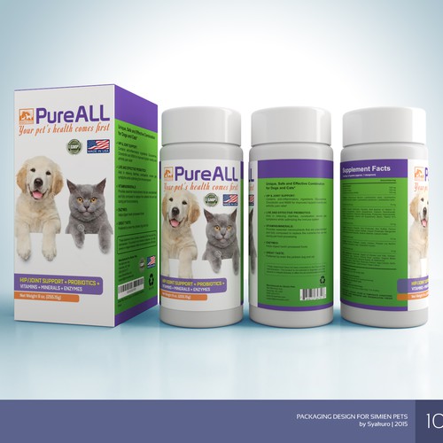 Create a pet food supplement label for dogs and cats