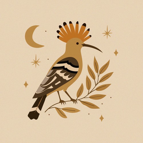 Sacred Hoopoe Bird Among Moon and Stars